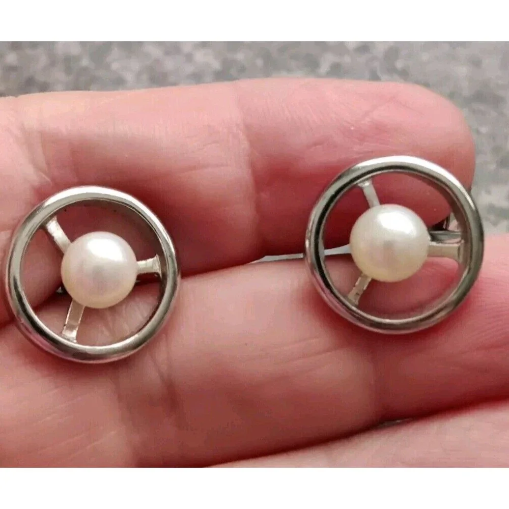Signed Silver Cufflinks Faux Pearl Simple Elegant